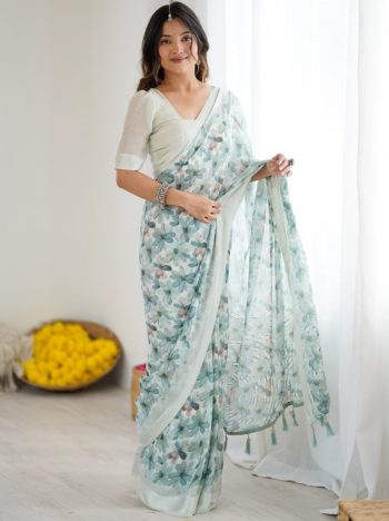 ATTRACTIVE BRIGHT MOSS SATIN PRINTED WORK SAREE WITH UNSTITCHED BLOUSE SEA GREEN