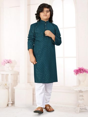 ATTRACTIVE COTTON RAYON CHIKANKARI WORK KID'S KURTA PAYJAMA GREEN