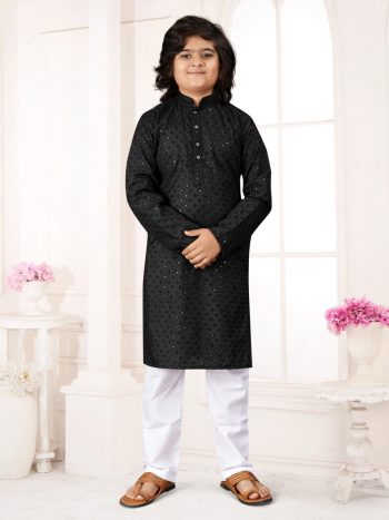 ATTRACTIVE COTTON RAYON CHIKANKARI WORK KID'S KURTA PAYJAMA BLACK