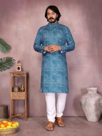ATTRACTIVE COTTON SEQUENCE WORK AND PRINT WORK KURTA WITH PAYJAMA BLUE