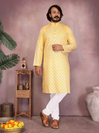 ATTRACTIVE COTTON SEQUENCE WORK AND PRINT WORK KURTA WITH PAYJAMA LEMON
