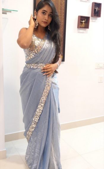 ATTRACTIVE FENDY SILK CODING AND SEQUENCE EMBROIDERY WORK LACE BORDER WORK SAREE WITH UNSTITCHED BLOUSE AND WAST BELT SKY