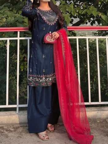 ATTRACTIVE FRENCH CREPE SILK ZARI, THREAD & 5 MM SEQUENCE EMBROIDERY WORK TOP PATIYALA WITH DUPATTA NAVY BLUE