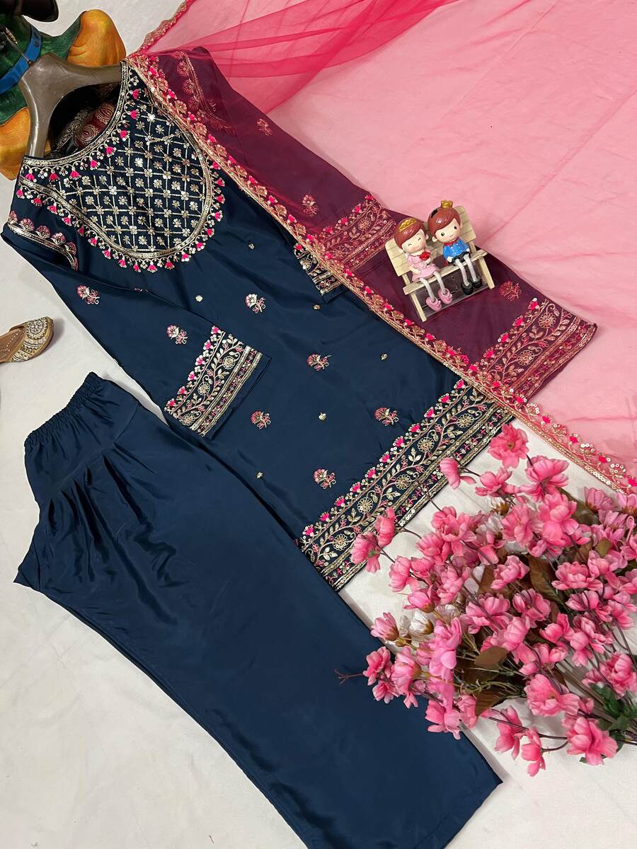 ATTRACTIVE FRENCH CREPE SILK ZARI, THREAD & 5 MM SEQUENCE EMBROIDERY WORK TOP PATIYALA WITH DUPATTA FESTIVE WEAR WHOLESALE PRICE ETHNIC GARMENT (5)