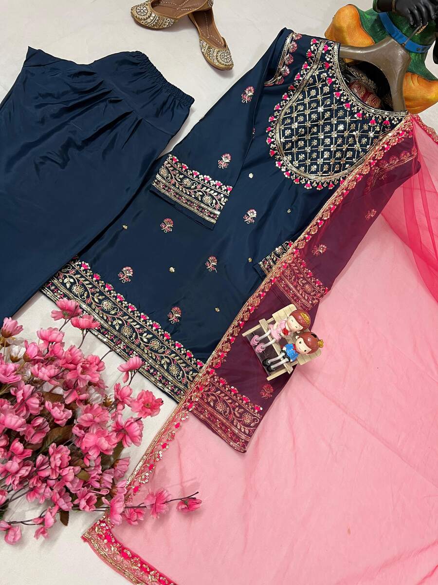ATTRACTIVE FRENCH CREPE SILK ZARI, THREAD & 5 MM SEQUENCE EMBROIDERY WORK TOP PATIYALA WITH DUPATTA FESTIVE WEAR WHOLESALE PRICE ETHNIC GARMENT (6)