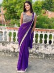 ATTRACTIVE GEORGETTE EMBROIDERY CUTWORK LACE SAREE WITH UNSTITCHED BLOUSE PURPLE