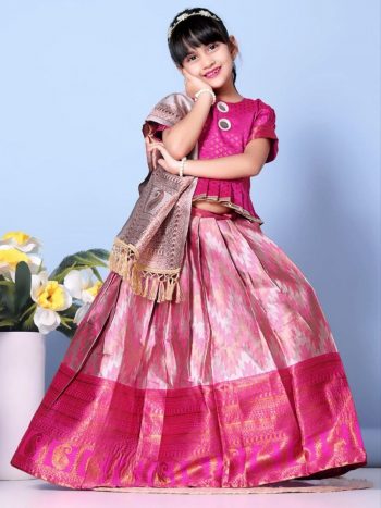 ATTRACTIVE JACQUARD WEAVING DESIGN AND LACE BORDER WITH ROUND MIRROR WORK LEHENGA CHOLI WITH DUPATTA PINK