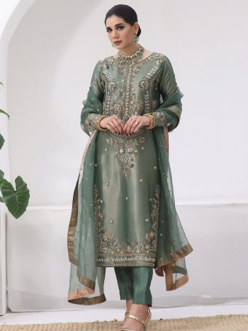 ATTRACTIVE JIMMY CHOO EMBROIDERY AND SEQUENCE WORK TOP BOTTOM WITH DUPATTA GREEN