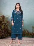 ATTRACTIVE KHADI COTTON EMBROIDERY WORK TOP PENT SET TEAL