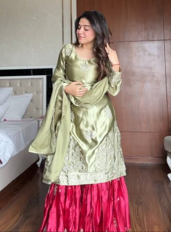 ATTRACTIVE MOSS SATIN SEQUENCE EMBROIDERY WORK TOP SHARARA WITH DUPATTA  PISTA