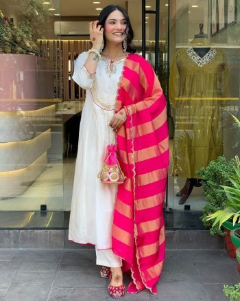 ATTRACTIVE VISCOSE ROMAN SILK HAND EMBROIDERY, ZARI WEAVING WORK TOP BOTTOM WITH DUPATTA WHITE