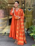 ATTRACTIVE VISCOSE ROMAN SILK HAND EMBROIDERY, ZARI WEAVING WORK TOP BOTTOM WITH DUPATTA ORANGE