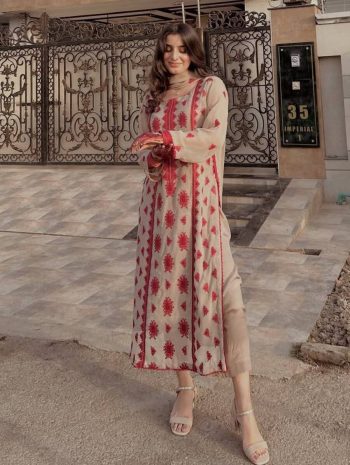 BOLLYWOOD GEORGETTE THREAD EMBROIDERY WORK & FANCY LACE WORK TOP BOTTOM WITH DUPATTA RED