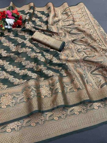 BOLLYWOOD ORGANZA DESIGNER BORDER WORK SAREE WITH UNSTITCHED BLOUSE GREEN