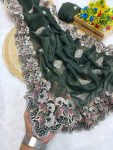 CRUNCHY SILK EMBROIDERY WITH MULTI COLOUR THREAD WORK SAREE WITH UNSTITCHED BLOUSE GREEN
