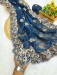 CRUNCHY SILK EMBROIDERY WITH MULTI COLOUR THREAD WORK SAREE WITH UNSTITCHED BLOUSE BLUE