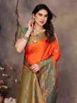 DESIGNER BANARASI SILK COPPER ZARI FLOWER MOTIFS & WOVEN BORDER WORK SAREE WITH UNSTITCHED BLOUSE FESTIVE WEAR WHOLESALE PRICE ETHNIC GARMENT (9)
