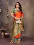 DESIGNER BANARASI SILK COPPER ZARI FLOWER MOTIFS & WOVEN BORDER WORK SAREE WITH UNSTITCHED BLOUSE FESTIVE WEAR WHOLESALE PRICE ETHNIC GARMENT (9)