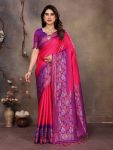 DESIGNER BANARASI SILK COPPER ZARI FLOWER MOTIFS & WOVEN BORDER WORK SAREE WITH UNSTITCHED BLOUSE RANI