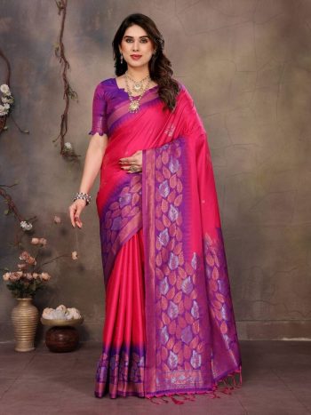 DESIGNER BANARASI SILK COPPER ZARI FLOWER MOTIFS & WOVEN BORDER WORK SAREE WITH UNSTITCHED BLOUSE RANI