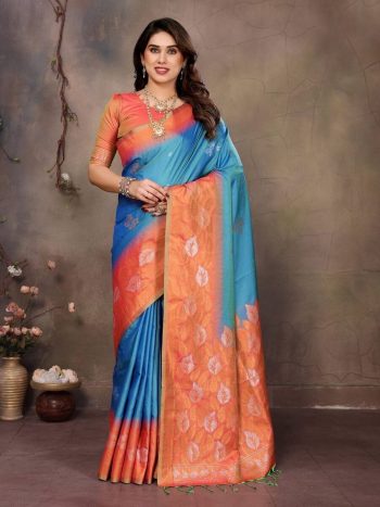 DESIGNER BANARASI SILK COPPER ZARI FLOWER MOTIFS & WOVEN BORDER WORK SAREE WITH UNSTITCHED BLOUSE RAMA