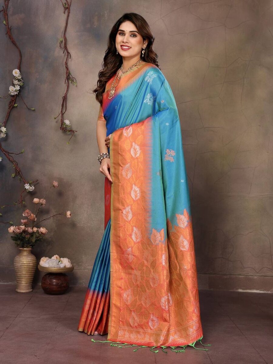 DESIGNER BANARASI SILK COPPER ZARI FLOWER MOTIFS & WOVEN BORDER WORK SAREE WITH UNSTITCHED BLOUSE FESTIVE WEAR WHOLESALE PRICE ETHNIC GARMENT (21)
