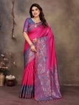 DESIGNER BANARASI SILK COPPER ZARI FLOWER MOTIFS & WOVEN BORDER WORK SAREE WITH UNSTITCHED BLOUSE PINK