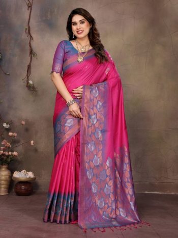 DESIGNER BANARASI SILK COPPER ZARI FLOWER MOTIFS & WOVEN BORDER WORK SAREE WITH UNSTITCHED BLOUSE PINK