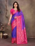 DESIGNER BANARASI SILK COPPER ZARI FLOWER MOTIFS & WOVEN BORDER WORK SAREE WITH UNSTITCHED BLOUSE PURPLE