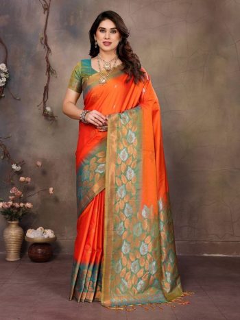 DESIGNER BANARASI SILK COPPER ZARI FLOWER MOTIFS & WOVEN BORDER WORK SAREE WITH UNSTITCHED BLOUSE ORANGE