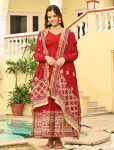 DESIGNER BLOOMING EMBROIDERY ZARI SEQUENCE WORK GOWN WITH DUPATTA  RED