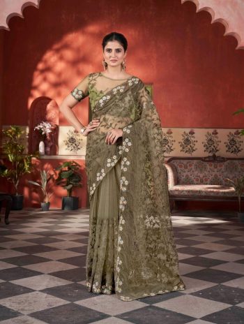 DESIGNER BUTTERFLY NET EMBROIDERY WITH MULTI COLOR THREAD AND STONE WITH CUTWORK BORDER SAREE WITH UNSTITCHED BLOUSE GREEN