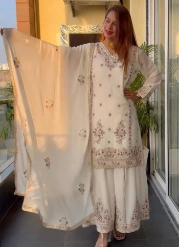 DESIGNER CHINON EMBROIDERY CODING SEQUENCE WORK TOP PALAZZO WITH DUPATTA WHITE