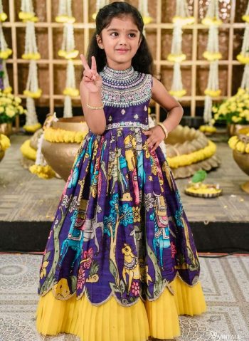 DESIGNER CHINON EMBROIDERY SEQUENCE WORK WITH PRINTED WORK KID'S GOWN WITH DUPATTA BLUE