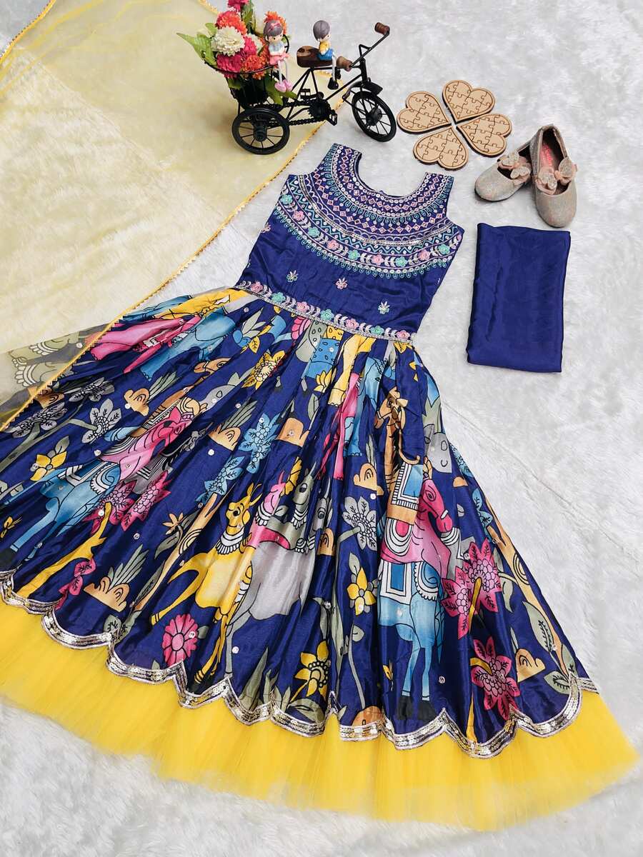 DESIGNER CHINON EMBROIDERY SEQUENCE WORK WITH PRINTED WORK KID'S GOWN WITH DUPATTA FESTIVE WEAR WHOLESALE PRICE ETHNIC GARMENT (6)