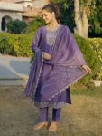 DESIGNER CHINON EMBROIDERY THREAD SEQUENCE WORK TOP BOTTOM WITH DUPATTA LAVENDER