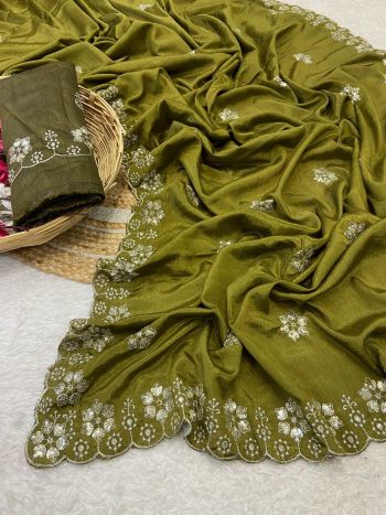 DESIGNER CHINON MULTI SEQUENCE DESIGN BORDER AND BUTTI WORK SAREE WITH UNSTITCHED BLOUSE MEHNDI