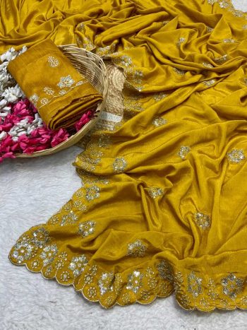 DESIGNER CHINON MULTI SEQUENCE DESIGN BORDER AND BUTTI WORK SAREE WITH UNSTITCHED BLOUSE YELLOW