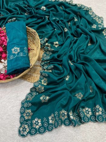 DESIGNER CHINON MULTI SEQUENCE DESIGN BORDER AND BUTTI WORK SAREE WITH UNSTITCHED BLOUSE RAMA