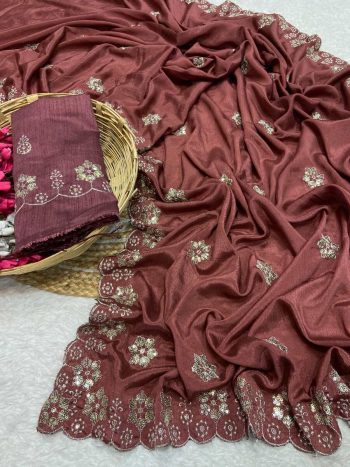 DESIGNER CHINON MULTI SEQUENCE DESIGN BORDER AND BUTTI WORK SAREE WITH UNSTITCHED BLOUSE CHIKU