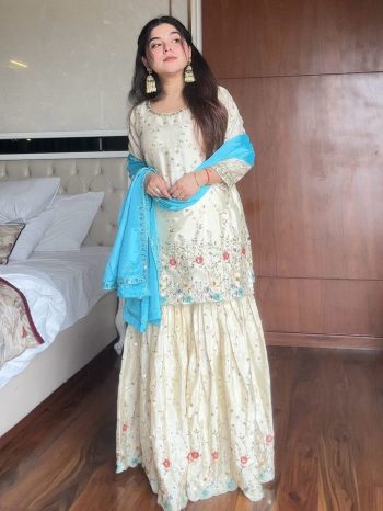 DESIGNER CHINON SEQUENCE EMBROIDERY WORK TOP SHARARA WITH DUPATTA OFF WHITE