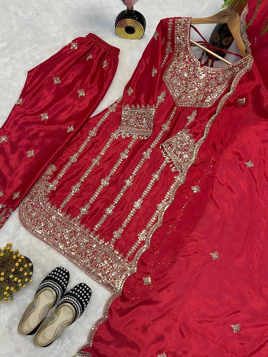 DESIGNER CHINON SILK EMBROIDERY CODING SEQUENCE WORK TOP BOTTOM WITH DUPATTA FESTIVE WEAR WHOLESALE PRICE ETHNIC GARMENT (1)