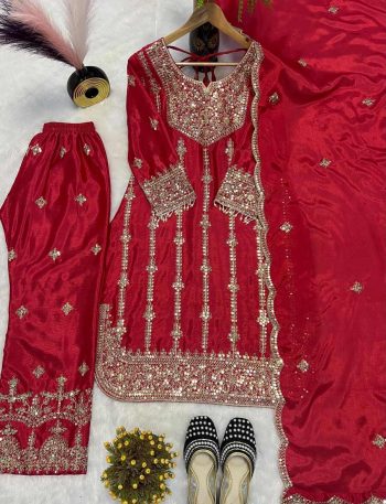 DESIGNER CHINON SILK EMBROIDERY CODING SEQUENCE WORK TOP BOTTOM WITH DUPATTA RED