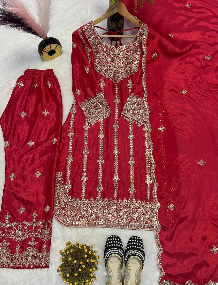 DESIGNER CHINON SILK EMBROIDERY CODING SEQUENCE WORK TOP BOTTOM WITH DUPATTA FESTIVE WEAR WHOLESALE PRICE ETHNIC GARMENT (10)
