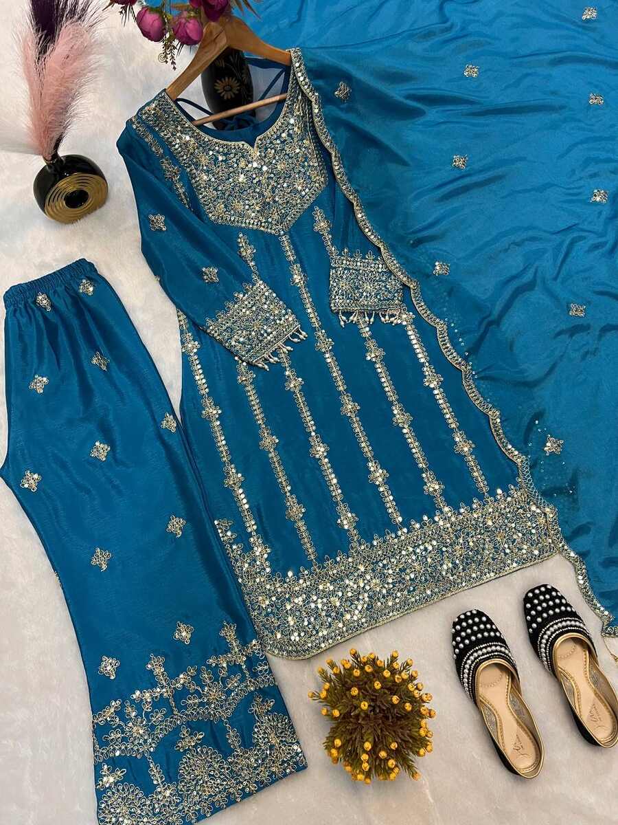 DESIGNER CHINON SILK EMBROIDERY CODING SEQUENCE WORK TOP BOTTOM WITH DUPATTA FESTIVE WEAR WHOLESALE PRICE ETHNIC GARMENT (10)