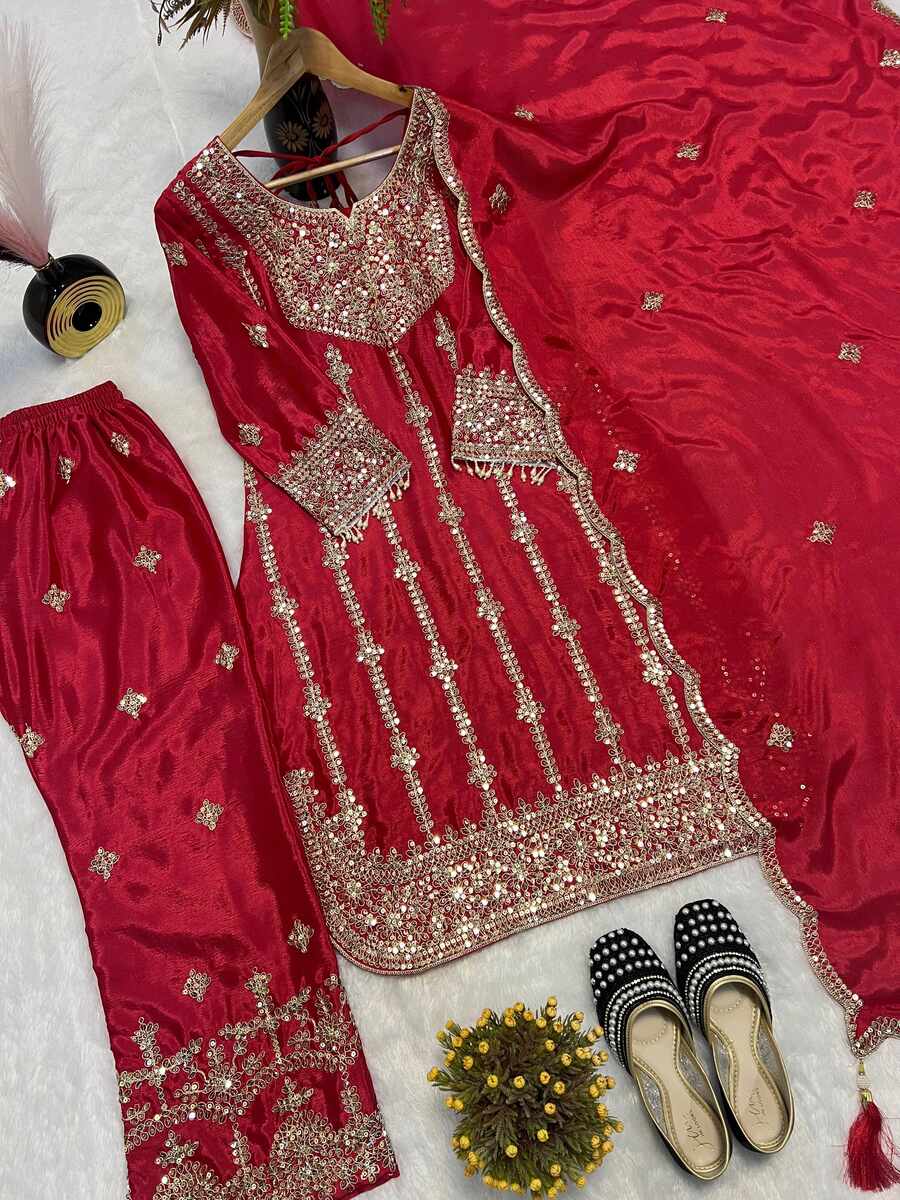 DESIGNER CHINON SILK EMBROIDERY CODING SEQUENCE WORK TOP BOTTOM WITH DUPATTA FESTIVE WEAR WHOLESALE PRICE ETHNIC GARMENT (11)