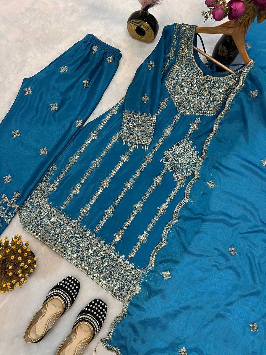 DESIGNER CHINON SILK EMBROIDERY CODING SEQUENCE WORK TOP BOTTOM WITH DUPATTA FESTIVE WEAR WHOLESALE PRICE ETHNIC GARMENT (11)