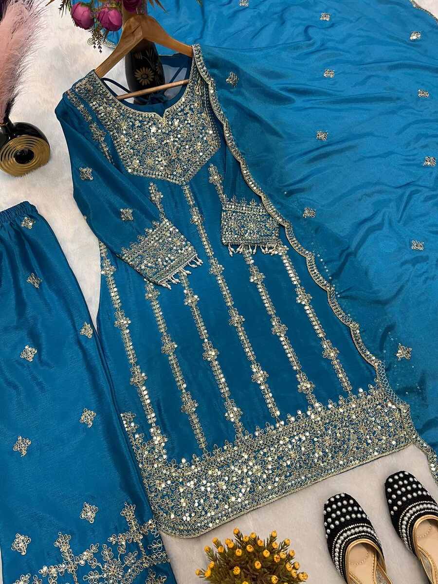 DESIGNER CHINON SILK EMBROIDERY CODING SEQUENCE WORK TOP BOTTOM WITH DUPATTA FESTIVE WEAR WHOLESALE PRICE ETHNIC GARMENT (6)