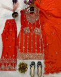 DESIGNER CHINON SILK EMBROIDERY CODING SEQUENCE WORK TOP BOTTOM WITH DUPATTA ORANGE