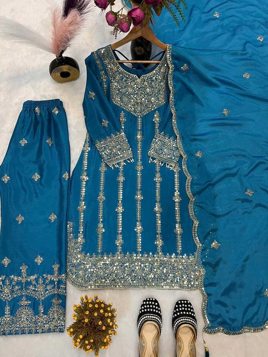 DESIGNER CHINON SILK EMBROIDERY CODING SEQUENCE WORK TOP BOTTOM WITH DUPATTA FESTIVE WEAR WHOLESALE PRICE ETHNIC GARMENT (7)